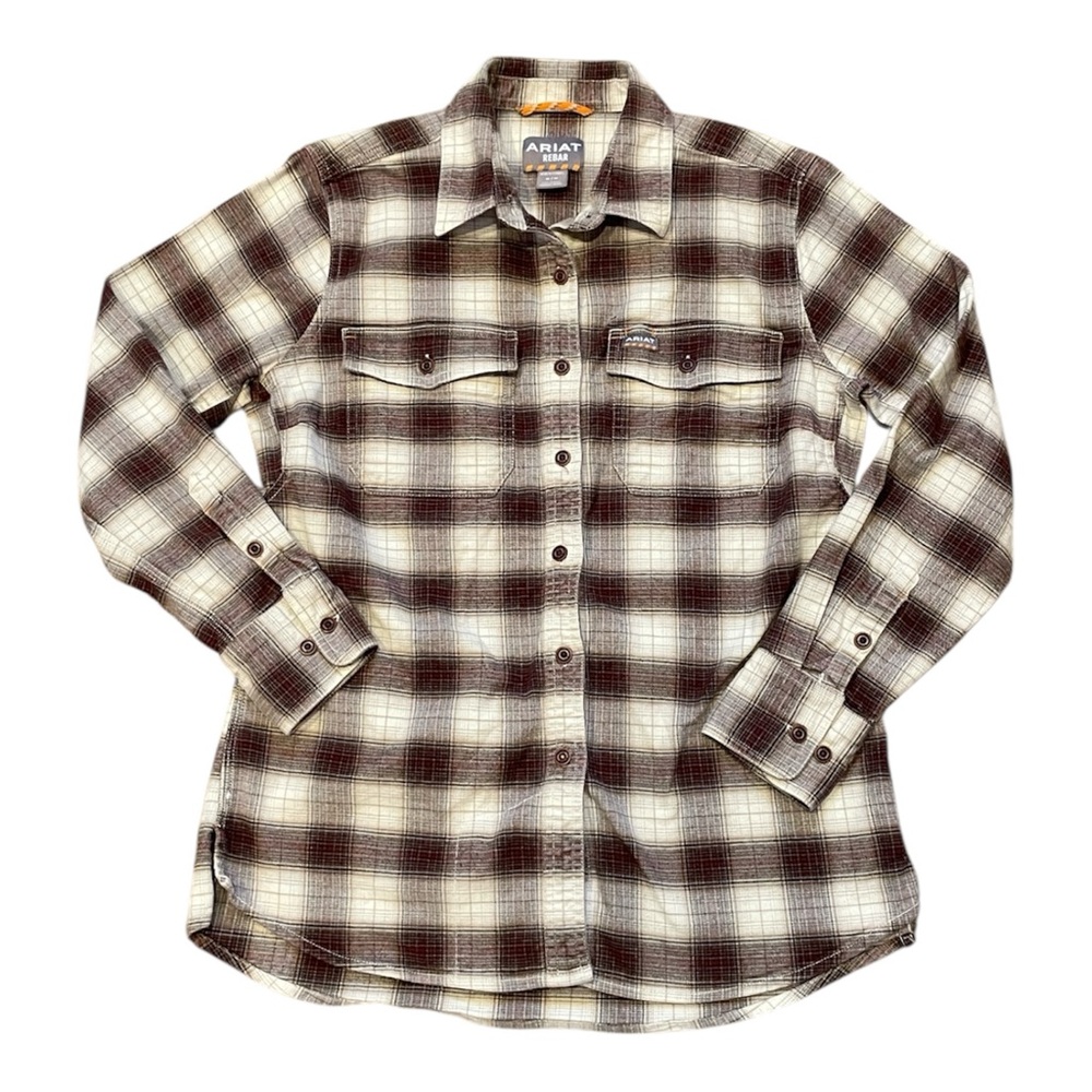 Ariat Rebar Women’s Plaid long Sleeve Flannel Shirt in Brown and Cream